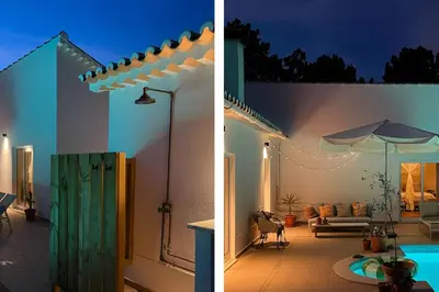 two pictures of a living room and a house with lights at Casa de Pinheiro in Aljezur