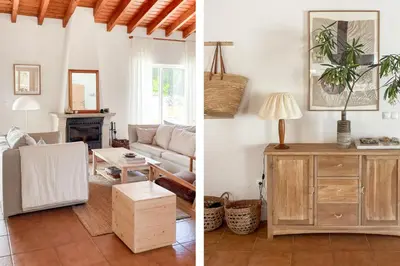 a living room with a couch and a table at Casa de Pinheiro in Aljezur