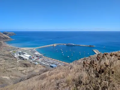 an aerial view of a marina with boats in the water at Apartamentos Aurea - Porto Santo in Porto Santo