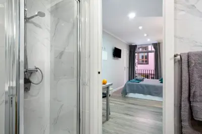 a bathroom with a walk in shower next to a bedroom at Família Dória Nóbrega Estúdio in Funchal