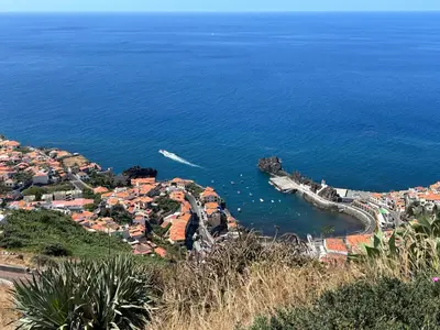 an aerial view of a town and the ocean at Vila Pico da Torre Apartment in Câmara de Lobos