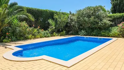 a swimming pool next to a garden with trees at Vila Telo in Luz