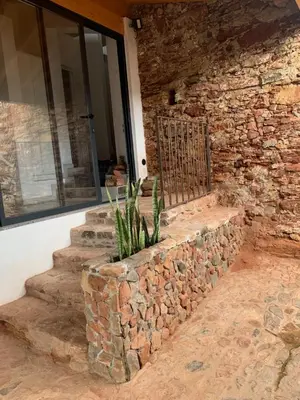 a stone retaining wall with a plant in a planter on a house at Casa da Figueira - Guest House in Figueira