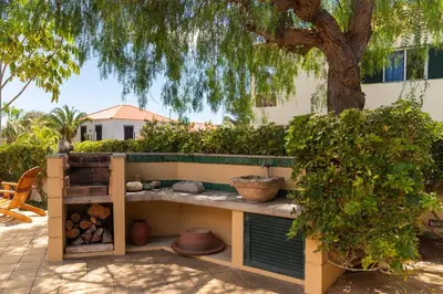 a bench in a garden with a tree at Casa de Férias by An Island Apart in Porto Santo