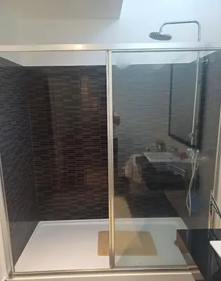 a glass shower with a dog in a bathroom at Casared in Funchal