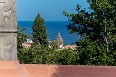 a view of the ocean from a building with trees at GuestReady - Aragão Guest house in Funchal