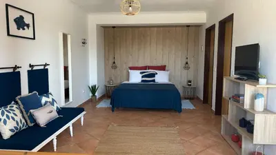 a bedroom with a bed and a couch and a tv at Eco Natura Falcoeira - Praia da Luz in Montinhos da Luz