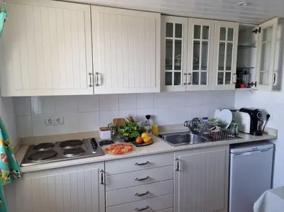 a kitchen with white cabinets and a sink at Quiet Countryside Nature Retreat in Santa Cruz