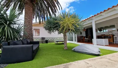 a lawn with a couch and palm trees in a yard at Nossa Casa by Casas dos Lebre in Porto Santo