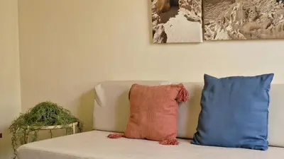 two pillows sitting on a couch in a living room at Casa da Ponta by Casas dos Lebre in Porto Santo