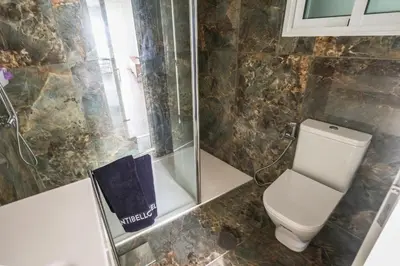 a bathroom with a toilet and a shower at Casa do Beco do Barlavento in Vila Baleira