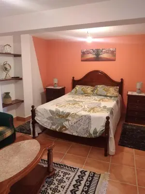 a bedroom with a bed in a room with orange walls at Casa Gama in Ribeira da Janela