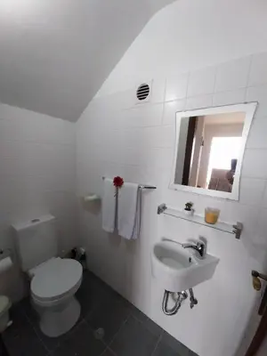 a bathroom with a toilet and a sink and a mirror at Palheiro do Farrobo in Porto Moniz