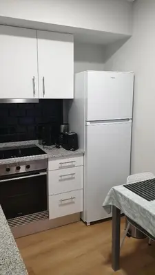 a kitchen with white cabinets and a white refrigerator at RC Fltas Funchal B in Funchal
