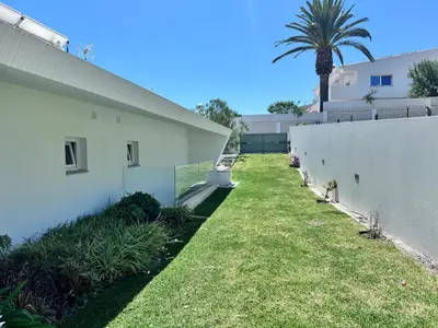 a yard next to a white building with a palm tree at Luz Vila in Luz