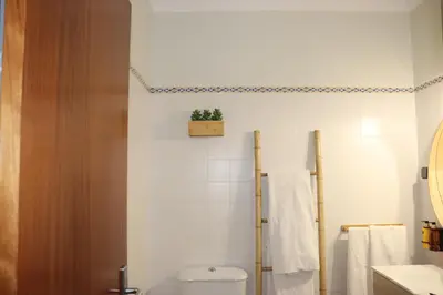 a bathroom with a toilet and a plant on the wall at Pé n' Areia Beach House Porto Santo in Porto Santo