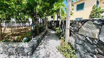 a stone retaining wall and a walkway next to a stone fence at Marialina, By OP in São Vicente