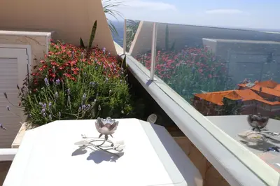 a balcony with a view of a garden with flowers at Penthouse Ventur in Caniço