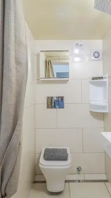 a bathroom with a toilet and a shower curtain at Fazenda de Quinta de Lagos in Lagos