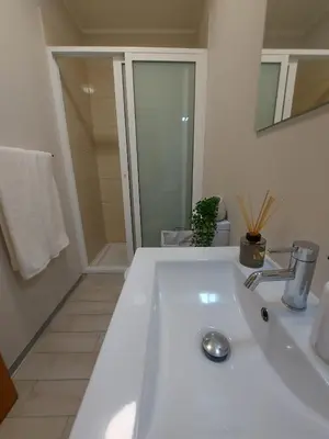 a white bathroom with a sink and a shower at Seminario Center Apartment in Funchal