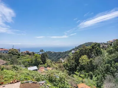 a town on a hill with the ocean in the background at SUPER Camacha - Casa da Eira in Camacha