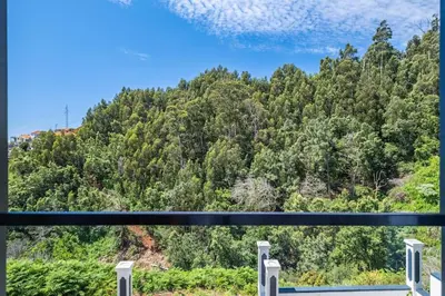 a view of a mountain from a window at SUPER Camacha - Casa da Eira in Camacha