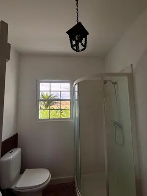 a bathroom with a shower and a toilet and a chandelier at Aldeia in Chã de João Tomé
