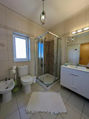a bathroom with a toilet and a shower and a sink at Apartamento Sagres Sunset in Sagres