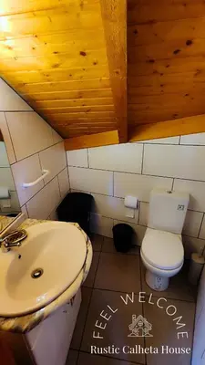 a bathroom with a sink and a toilet at Rustic Calheta House in Arco da Calheta