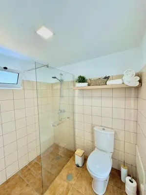 a bathroom with a toilet and a glass shower at Casa Juliana in Ribeira Brava