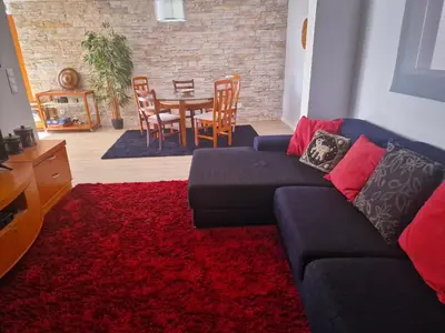 a living room with a couch and a red rug at Basilio's Villa in Funchal