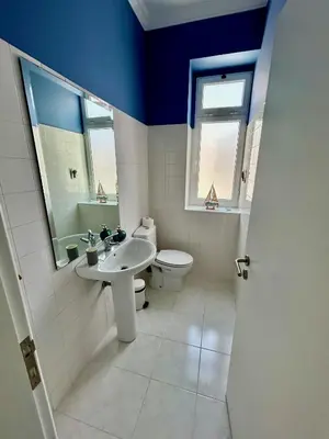 a bathroom with a sink toilet and a blue ceiling at Apartment Minorca in Funchal