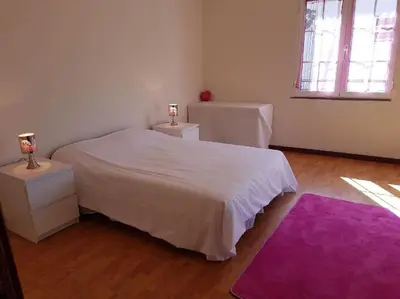 a bedroom with a white bed and a purple rug at Madeira house garden Villa in Estreito de Câmara de Lobos