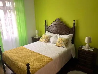 a bedroom with a large bed with green walls at Vale dos Passarinhos in São Vicente