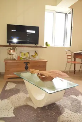 a living room with a tv and a glass table at Sonho Paixão in São Vicente