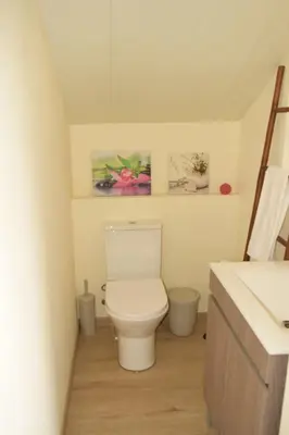 a small bathroom with a toilet and a sink at Sonho Paixão in São Vicente