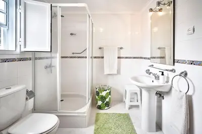 a bathroom with a shower toilet and a sink at Casa Azul da Corisca in São Lourenço