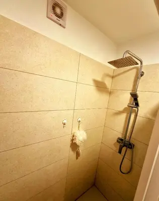 a shower in a bathroom with a shower head at Ribeirinho Apartment - Machico Beach in Machico