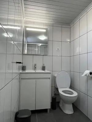 a white bathroom with a toilet and a sink at Casa Pão - 5 mins from Machico centre with private parking in Machico