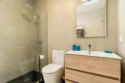 a bathroom with a toilet and a sink and a shower at Mouras House, Arco da Calheta in Arco da Calheta