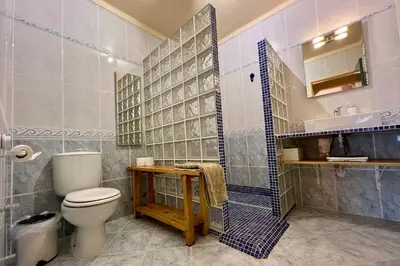a bathroom with a toilet and a shower at Private renovated APT w pool, 3m to praia da Luz in Valverde
