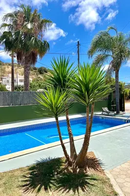 two palm trees in front of a swimming pool at Private renovated APT w pool, 3m to praia da Luz in Valverde