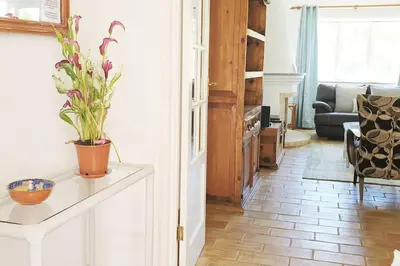 a living room with a potted plant on a counter at 3 bedroom Beach House in Luz in Luz