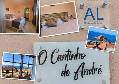 a collage of photos of a hotel room with a sign that reads a romantic at O Cantinho do André in Porto Moniz