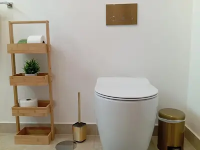 a bathroom with a white toilet and a wooden shelf at Holiday House Caetano in Ponta do Sol