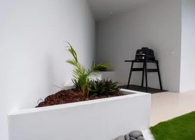a plant in a white planter in a room with a tripod at Villa Gia in Calheta