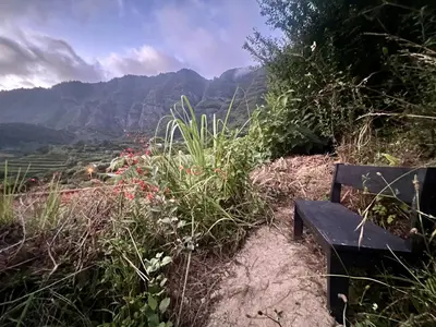 a bench sitting on top of a mountain with a view at Mountain Retreat - ZemBica by Atlantic Holiday in São Vicente