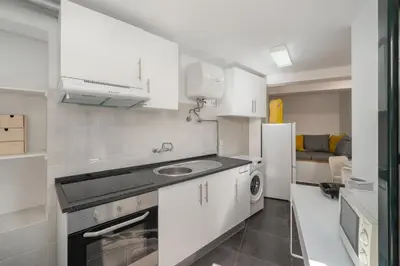 a small kitchen with a sink and a refrigerator at OurMadeira - Vintage Garden Apartment in Funchal