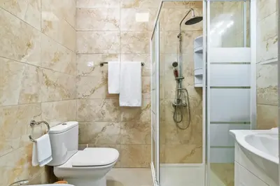 a bathroom with a shower and a toilet and a sink at Cantinho dos Ilhéus in Funchal