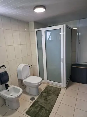 a bathroom with a toilet and a shower and a sink at Casa Vieira in Fajã da Ovelha